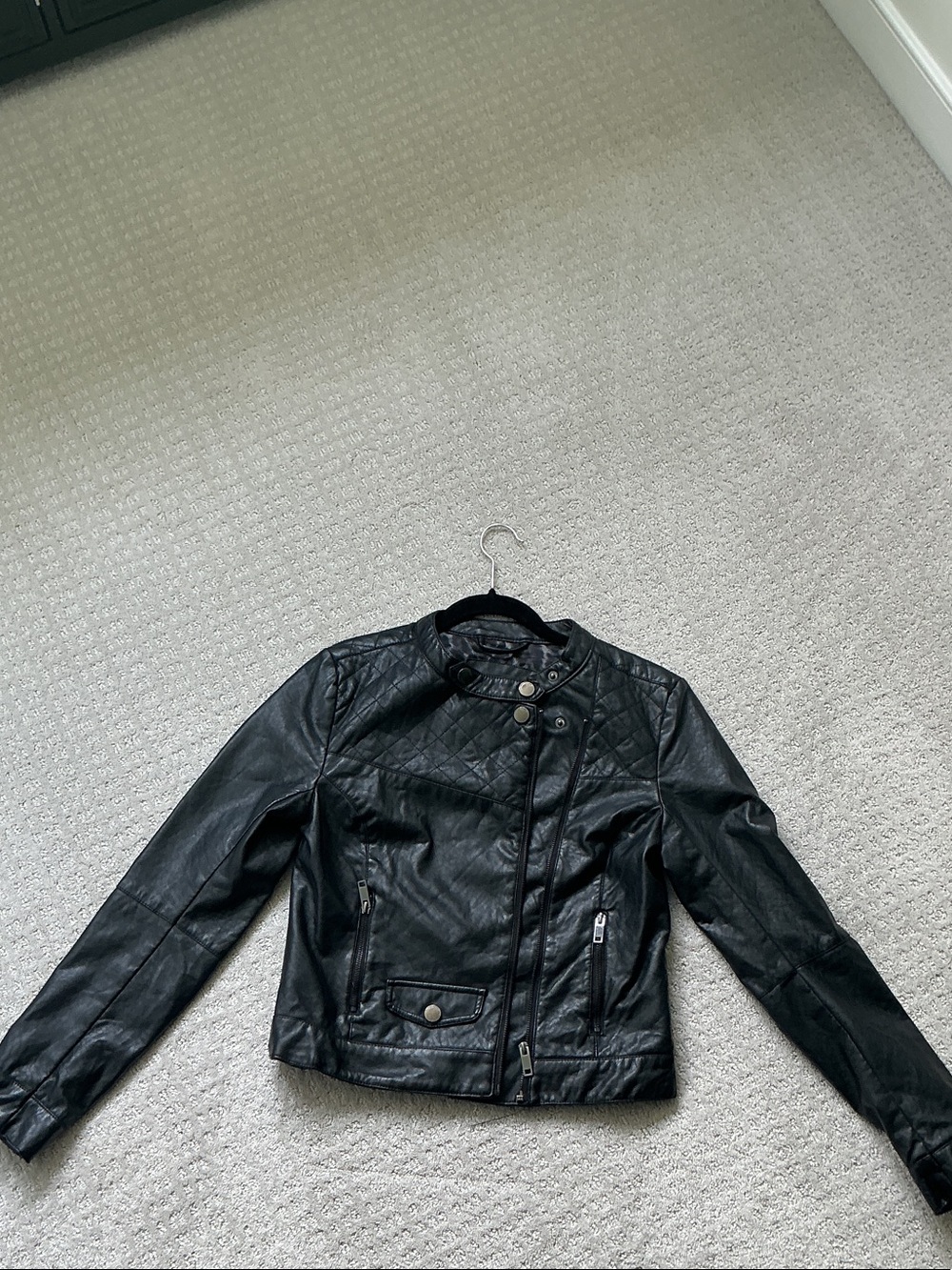 Black Quilted Faux Leather Moto Jacket - Women's